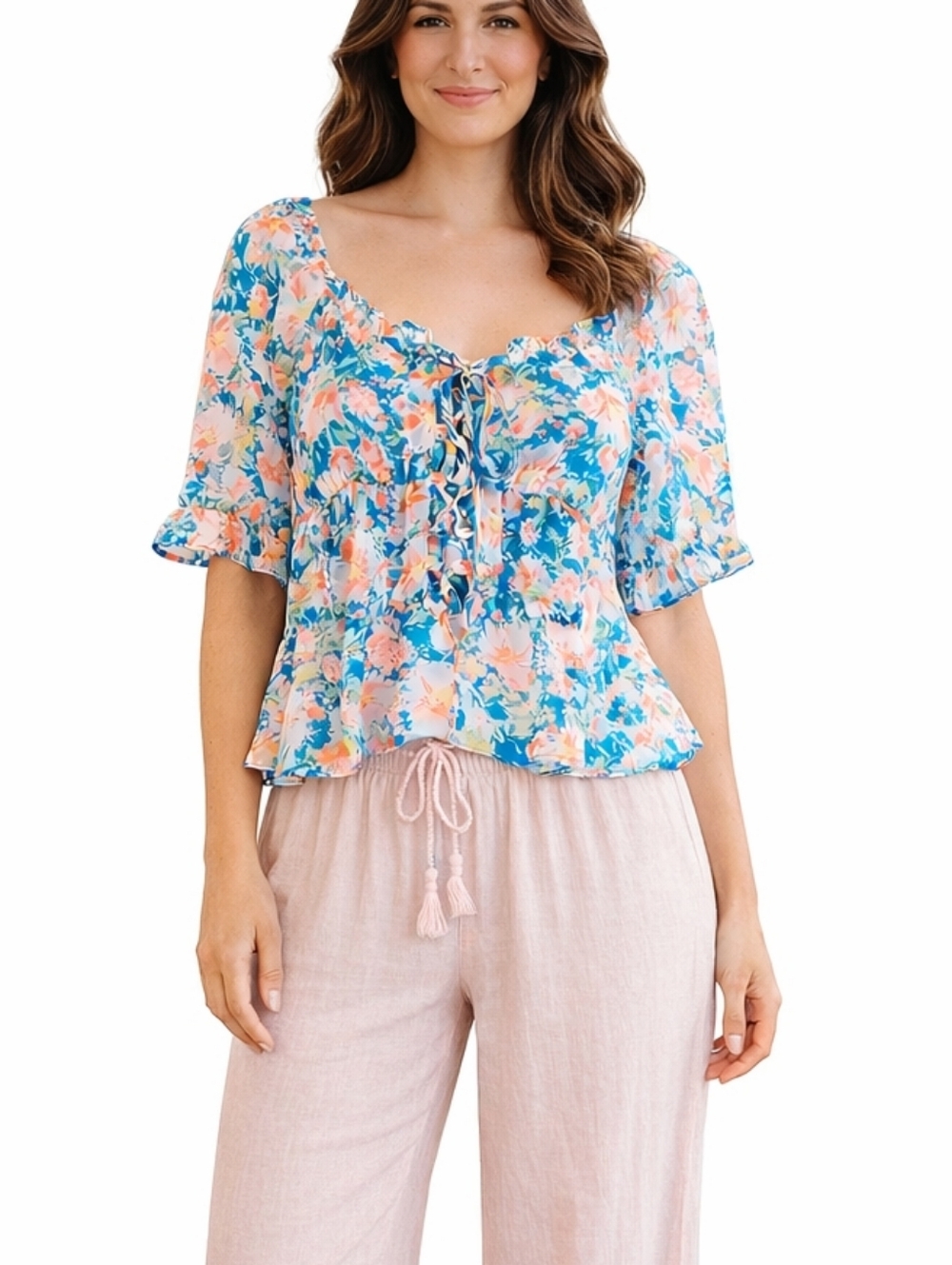 Lily Star Floral Peplum Top Cottagecore Boho Tie Front Medium